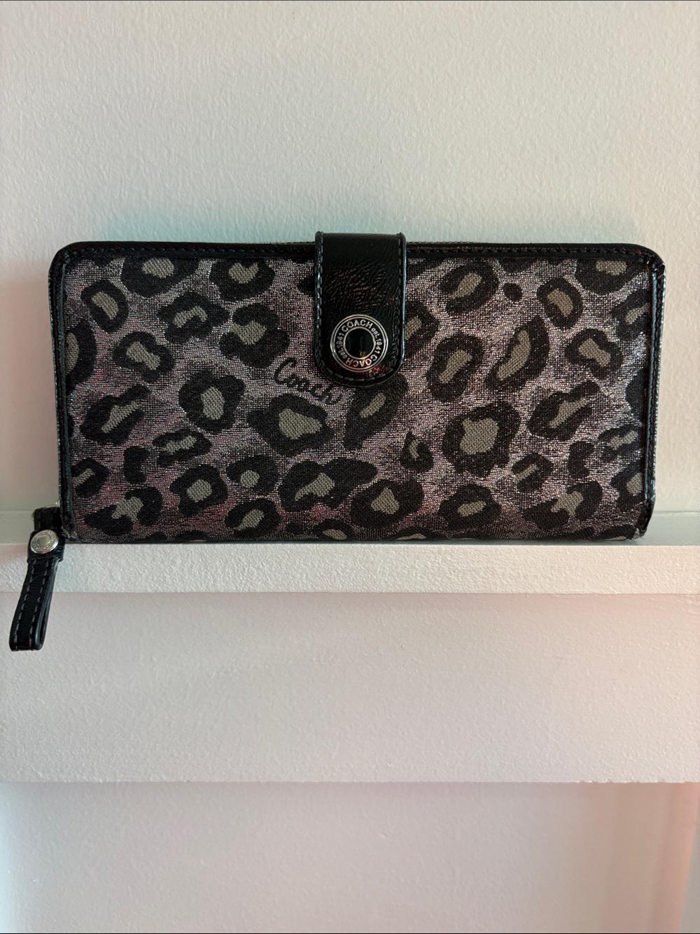 Coach Metallic Leopard Print Continental Wallet in Black and Gray